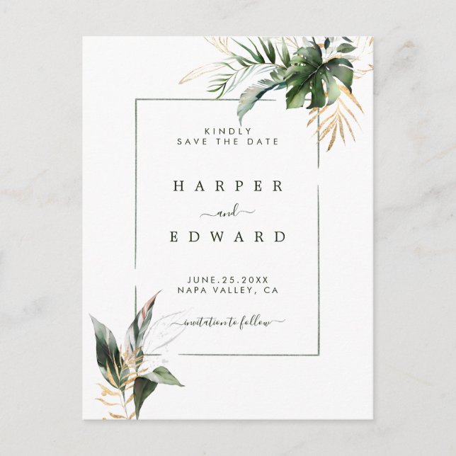 Tarjeta de aviso de boda con follaje tropical acua (Anverso)
