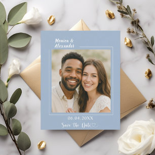 Tarjeta de aviso de boda con foto azul polvoriento