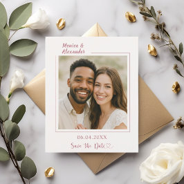Tarjeta de aviso de boda con foto en rosa oro marf