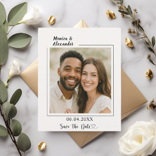 Tarjeta de aviso de boda con foto moderna en marfi