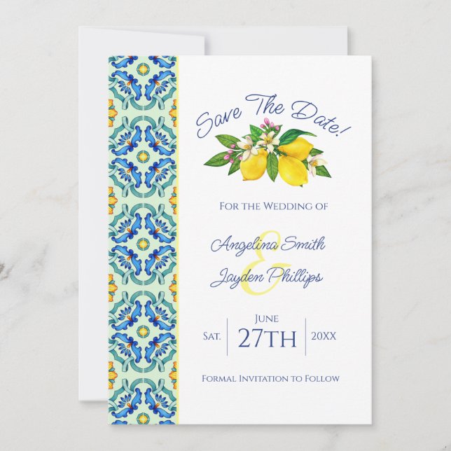 Tarjeta de aviso de boda con limón amarillo elegan (Anverso)