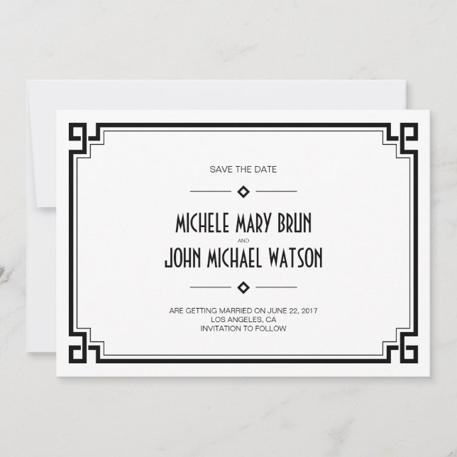 Tarjeta de aviso de boda con marco negro Art Deco  (Anverso)