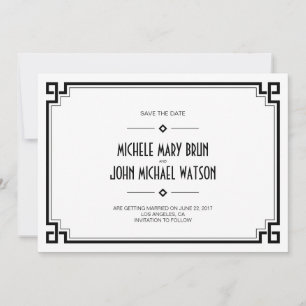 Tarjeta de aviso de boda con marco negro Art Deco 