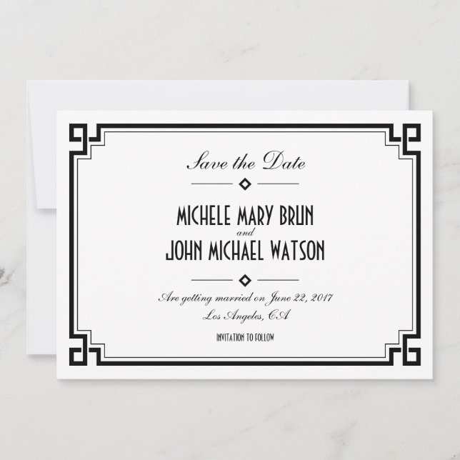 Tarjeta de aviso de boda con marco retro blanco Ar (Anverso)