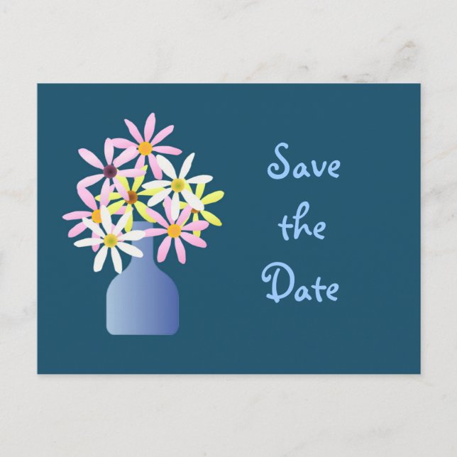 Tarjeta de aviso de boda con margaritas en un jarr (Anverso)