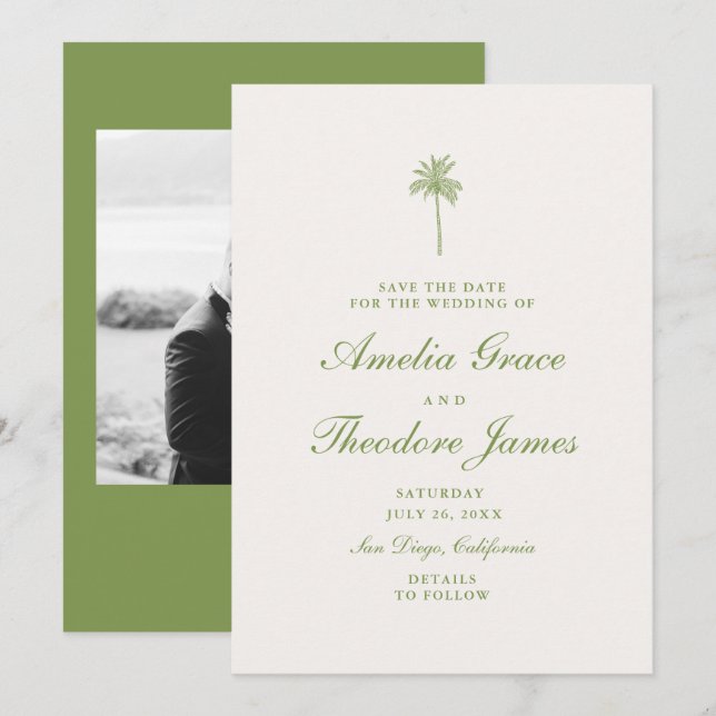 Tarjeta de aviso de boda con palmeras tropicales (Anverso / Reverso)