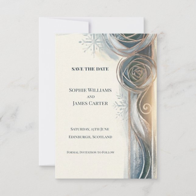 Tarjeta de aviso de boda con rosa gris azul (Anverso)