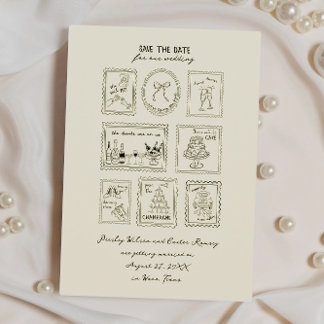 Tarjeta de aviso de boda con sello postal dibujado