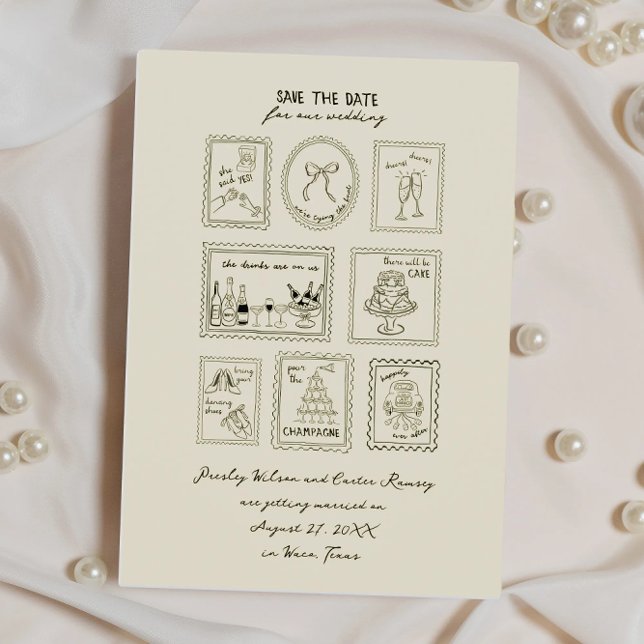 Tarjeta de aviso de boda con sello postal dibujado (Subido por el creador)