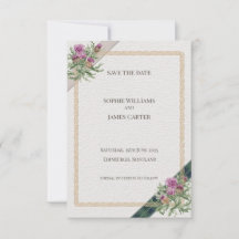 Tarjeta de aviso de boda con tartán celta de cardo