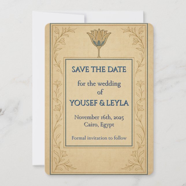 Tarjeta de aviso de boda con tema de loto egipcio  (Anverso)