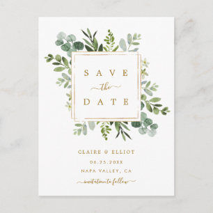 Tarjeta de aviso de boda con vegetación dorada bot