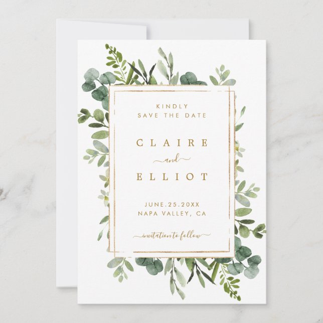 Tarjeta de aviso de boda con verde botánico dorado (Anverso)