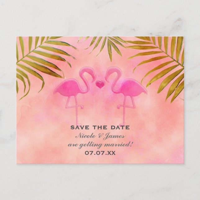 Tarjeta de aviso de boda de acuarela de dos flamen (Anverso)