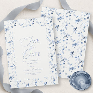Tarjeta de aviso de boda de arte floral azul polvo