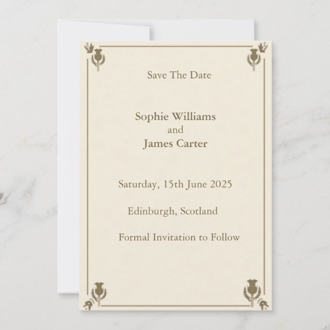 Tarjeta de aviso de boda de cardo botánico de marf (Anverso)