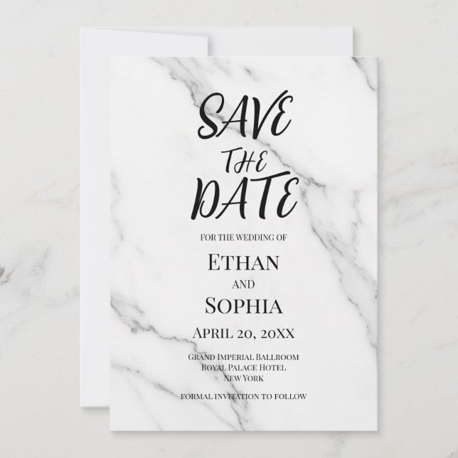 Tarjeta de aviso de boda de mármol blanco moderno  (Anverso)