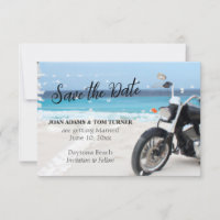 Tarjeta de aviso de boda de motocicleta en la play