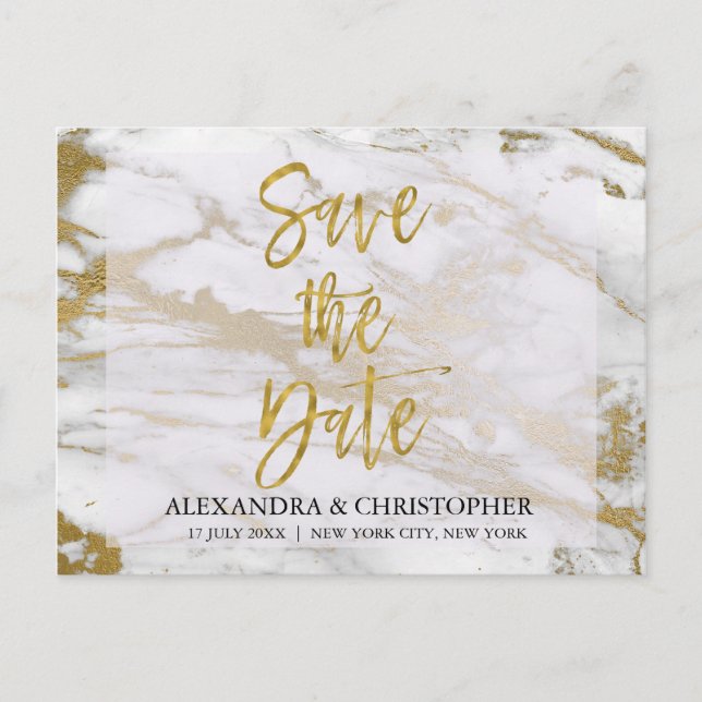 Tarjeta de aviso de boda elegante de mármol y oro (Anverso)