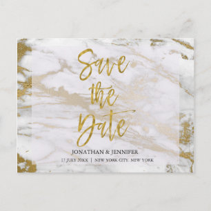 Tarjeta de aviso de boda elegante de oro y mármol