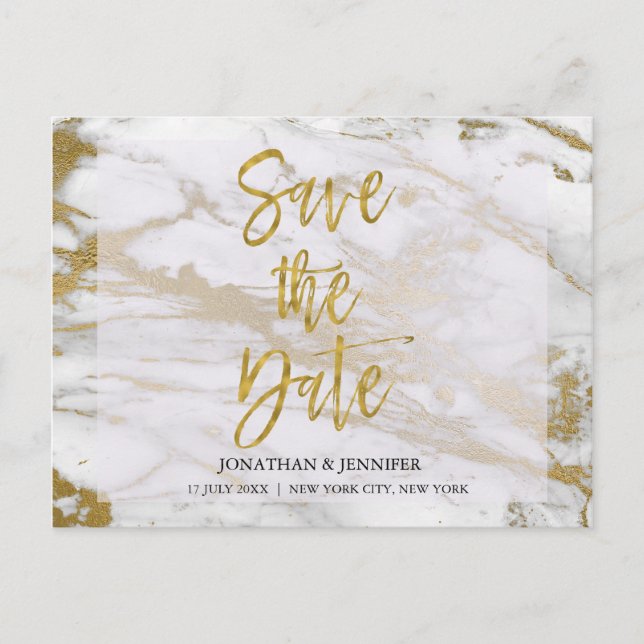 Tarjeta de aviso de boda elegante de oro y mármol (Anverso)