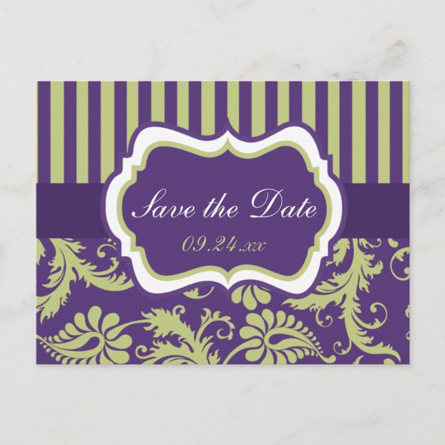 Tarjeta de aviso de boda en damasco morado, blanco (Anverso)
