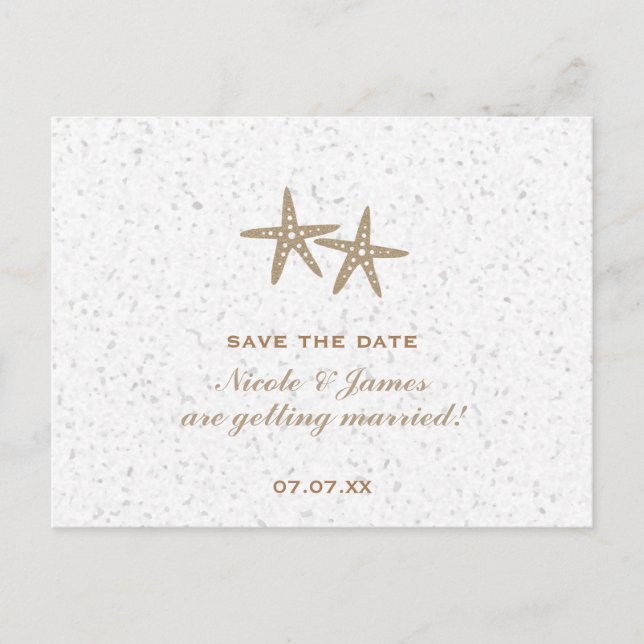 Tarjeta de aviso de boda en la playa con dos estre (Anverso)