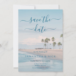 Tarjeta de aviso de boda en la playa del Océano Az