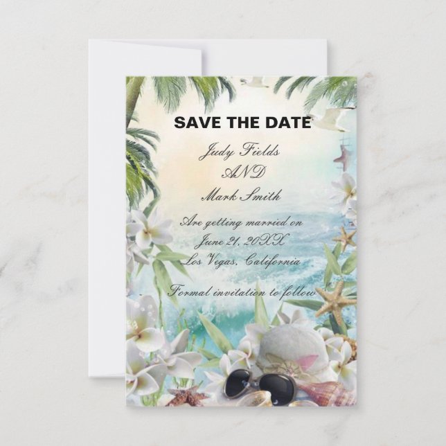 Tarjeta de aviso de boda en la playa tropical flor (Anverso)