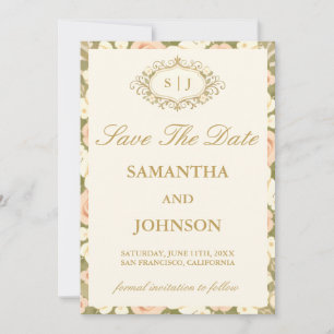 Tarjeta de aviso de boda en marfil vintage con mon
