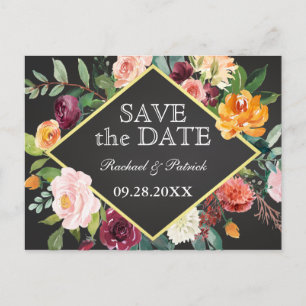 Tarjeta de aviso de boda en pizarra floral rústica