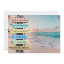 Tarjeta de aviso de boda en playa tropical