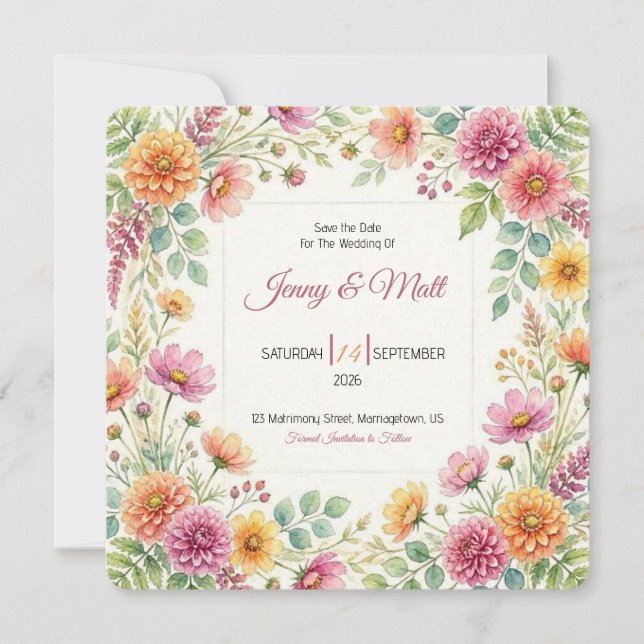 Tarjeta de aviso de boda en prado de flores silves (Anverso)