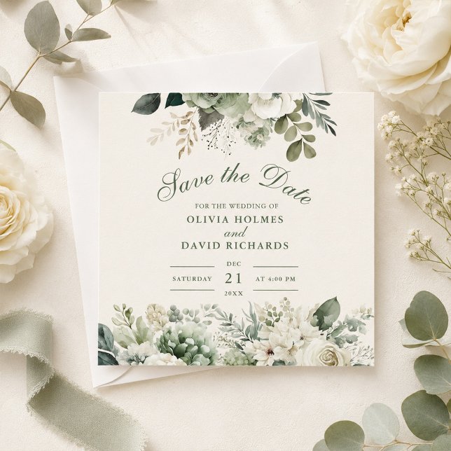 Tarjeta de aviso de boda en verde salvia y flor si (Sage Green and Ivory Wildflower Save the Date Card on a table with ivory flowers and green ribbon)