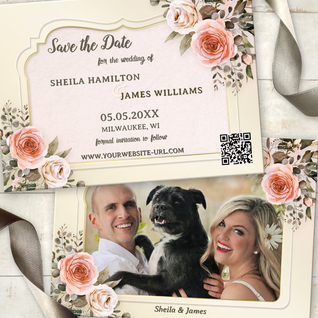 Tarjeta de aviso de boda estilo boho con foto en a (Save the Date card featuring romantic blush pink watercolor roses with your photo and a QR code)