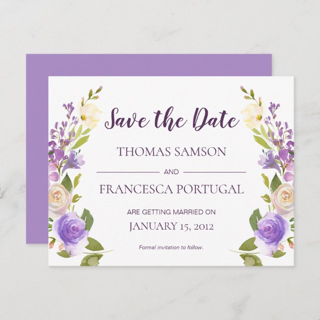 Tarjeta de aviso de boda floral acuarela lila (Anverso / Reverso)