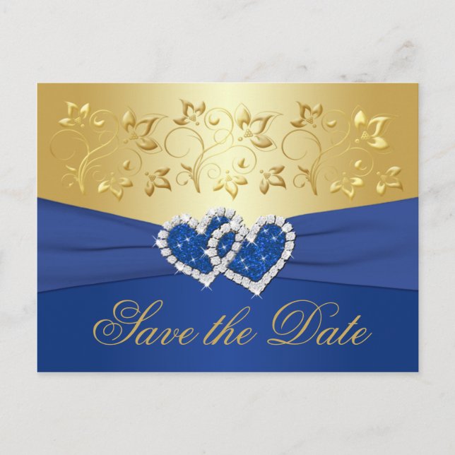 Tarjeta de aviso de boda floral azul real y dorado (Anverso)