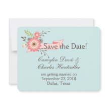 Tarjeta de aviso de boda floral azul y coral