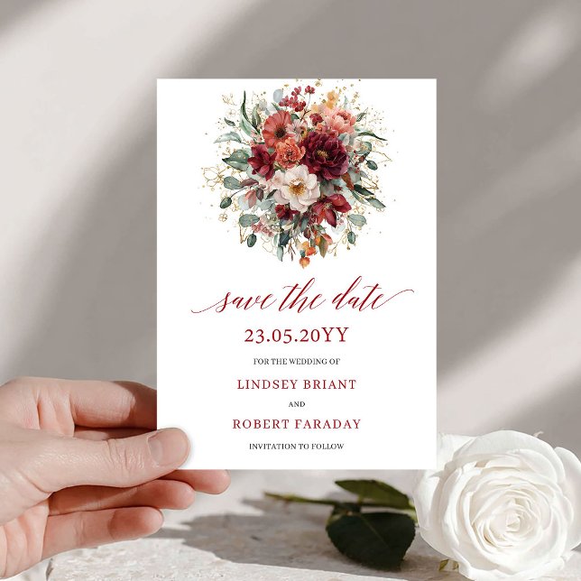 Tarjeta de aviso de boda Floral Borgoña Otoño Dora (Floral Burgundy Autumn Gold Save The Date Card

)