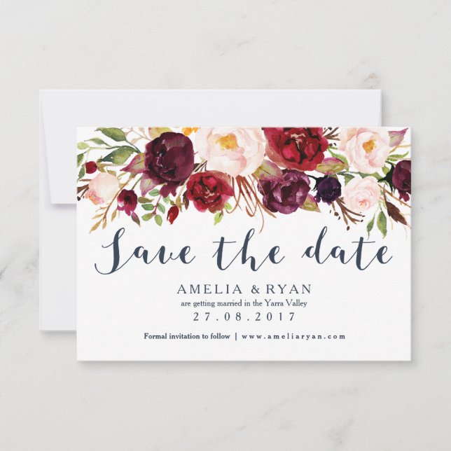 Tarjeta de aviso de boda floral burgundy Navy (Anverso)