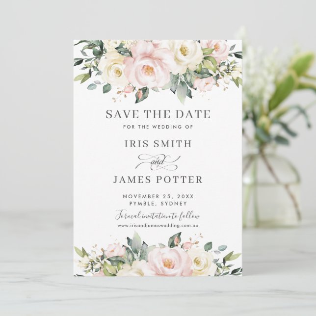 Tarjeta de aviso de boda floral Chic Blush Ivory (Anverso de pie)