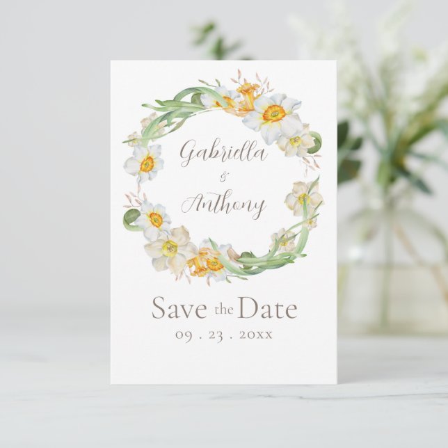 Tarjeta de aviso de boda floral de narciso blanco  (Anverso de pie)