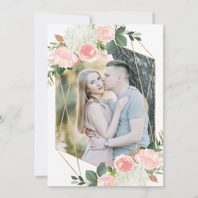 Tarjeta de aviso de boda floral de primavera rosad (Anverso)