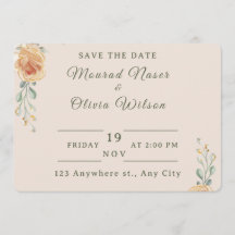 Tarjeta de aviso de boda floral dorada pastel