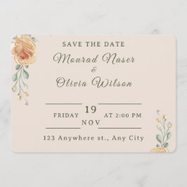 Tarjeta de aviso de boda floral dorada pastel
