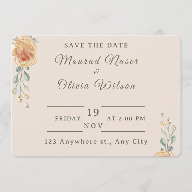 Tarjeta de aviso de boda floral dorada pastel (Anverso)