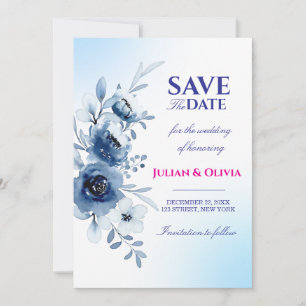 Tarjeta de aviso de boda floral en acuarela azul p