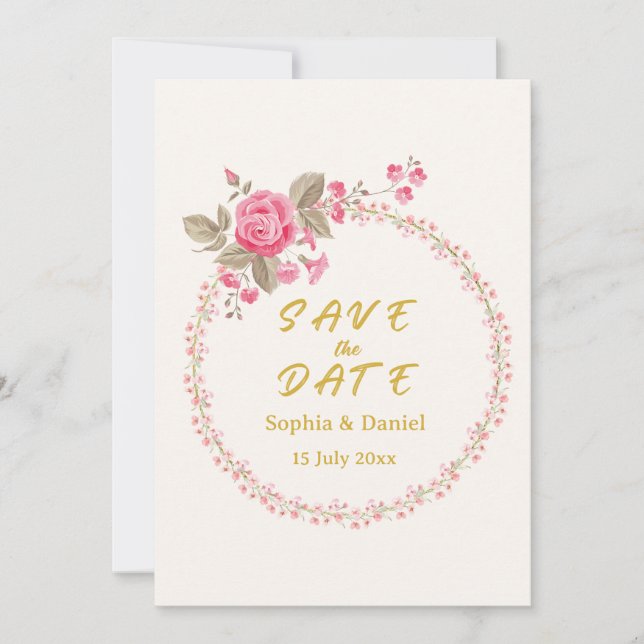 Tarjeta de aviso de boda Floral Gold (Anverso)