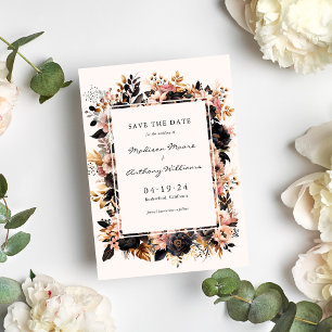Tarjeta de aviso de boda floral negra y dorada