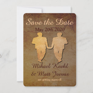 Tarjeta de aviso de boda gay rústica oscura